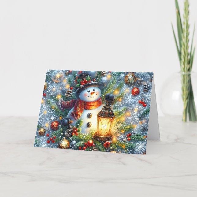 Festividades Cartão de Natal com Boneco de Neve Fofo e Lanterna (Frente)