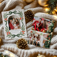 Cartão de Natal com Fita Verde e Grade de Fotos no