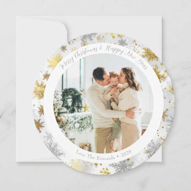 Festividades Cartão de Natal com Floco de Neve Dourado e Pratea (Frente)