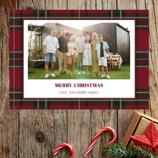 Festividades Cartão de Natal com Foto da Família em Xadrez Verm