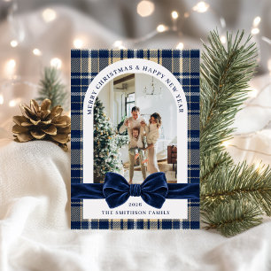 Festividades Cartão de Natal com Foto de Laço Clássico Azul Mar