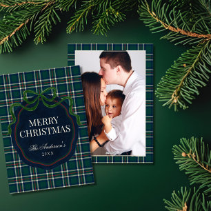 Festividades Cartão de Natal com Foto de Plaid Tartan Preppy