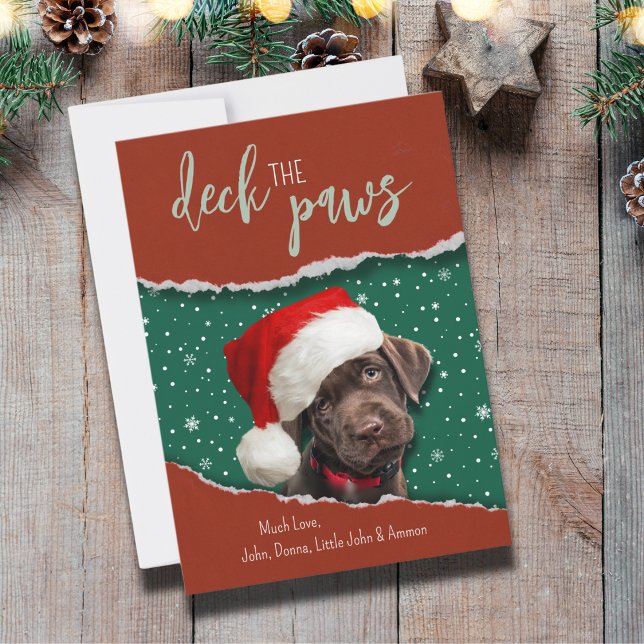 Festividades Cartão de Natal com Labrador Chocolate com Chapéu  (Deck the Paws card. A dog peeking out of a torn paper, looks so cute and festive! Happy Holidays!)