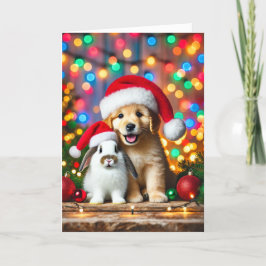 Festividades cartão de Natal com um cachorro e um coelho