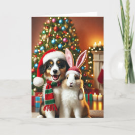 Festividades Cartão de Natal com um cão e um coelho