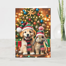 Festividades Cartão de Natal com um cão e um coelho