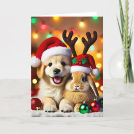 Festividades Cartão de Natal com um cão e um coelho