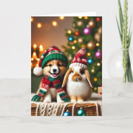 Festividades Cartão de Natal com um cão e um coelho