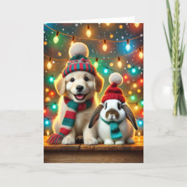 Festividades Cartão de Natal com um cão e um coelho