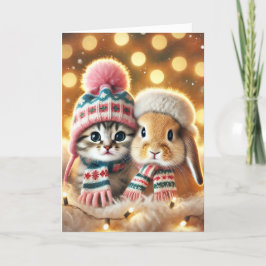 Festividades Cartão de Natal com um gato e um coelho