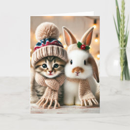 Festividades Cartão de Natal com um gato e um coelho