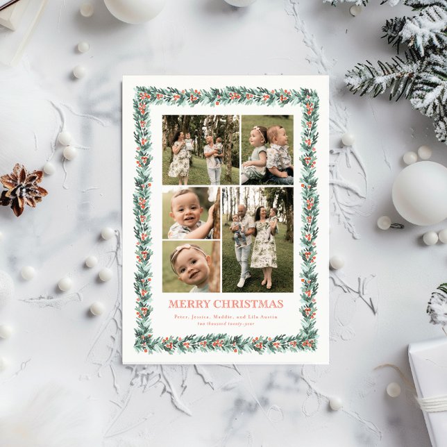 Festividades Cartão de Natal com várias fotos e borda de pinhei (A multiphoto holiday card featuring a hand painted border of pine boughs and winter greenery)