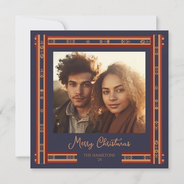 Festividades Cartão de Natal da Faixa de Fita Xadrez Azul marin (Frente)