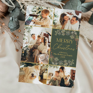Festividades Cartão de Natal da Família Boho Green Dourado Scri