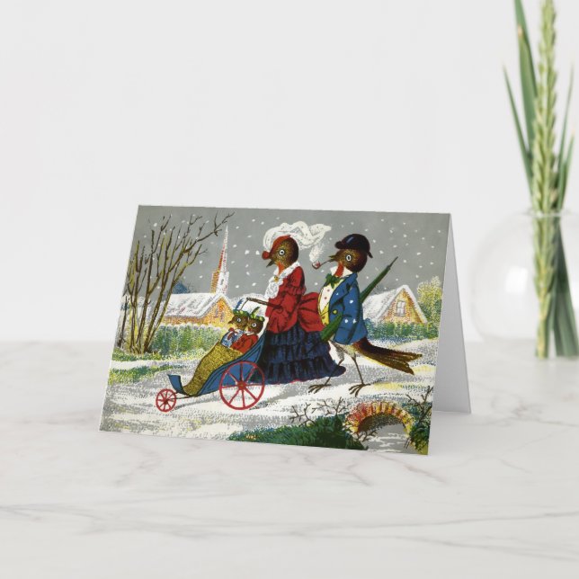 Festividades Cartão de Natal da Família Vintage Bird (Frente)