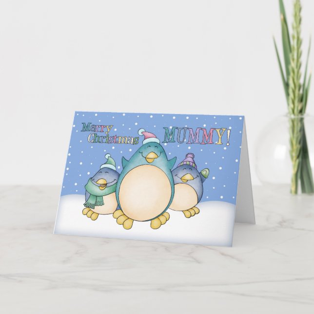 Festividades Cartão de Natal Da Mãe Com Pinguins (Frente)