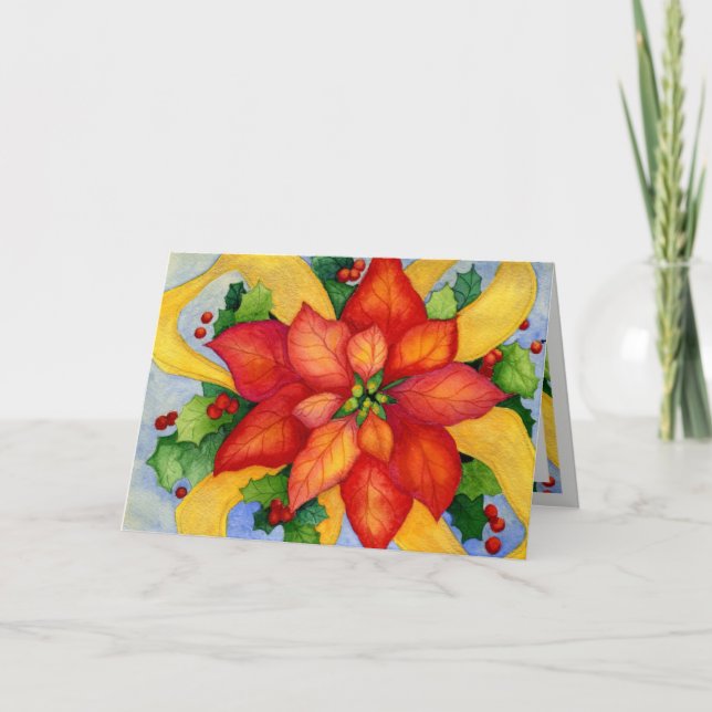 Festividades Cartão de Natal da poinsétia de Ribboned (Frente)