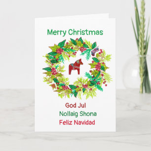 Festividades Cartão de Natal Dala Horse, com Quatro Idiomas