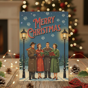 Festividades Cartão de Natal de 1950 – Carolers Antigos na Neve
