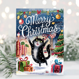 Festividades Cartão de Natal de Aguarela Gato Preto Divertido
