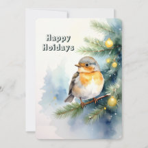 Cartão de Natal de Aguarela Robin em um Galho de P