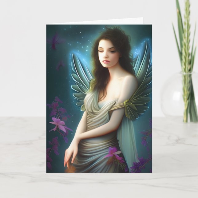 Festividades Cartão de Natal de Anjo com Flores Roxas em Branco (Frente)
