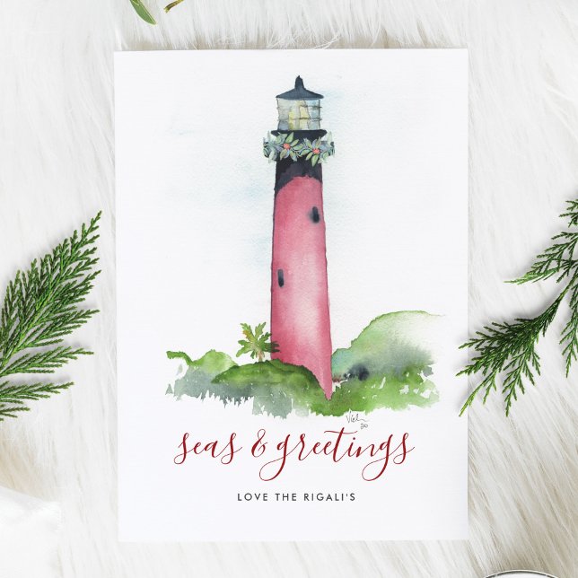 Festividades Cartão de Natal de Aquarela com Farol na Praia (Christmas Card Beach Watercolor Lighthouse )