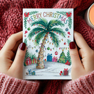 Festividades Cartão de Natal de Árvore de Palmeira em Aquarela