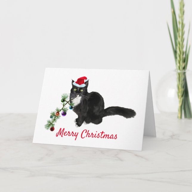 Festividades Cartão de Natal de Árvore Tuxedo Cat (Frente)