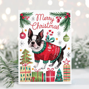 Festividades Cartão de Natal de Boston Terrier em Aquarela
