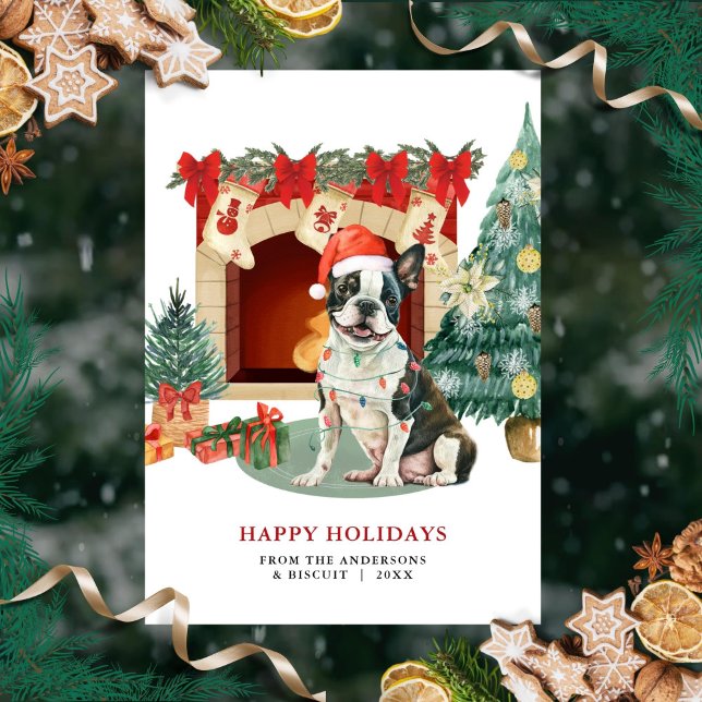 Festividades Cartão de Natal de Boston Terrier em Aquarela (Criador carregado)