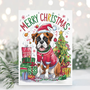 Festividades Cartão de Natal de Cachorro Boxer em Aquarela