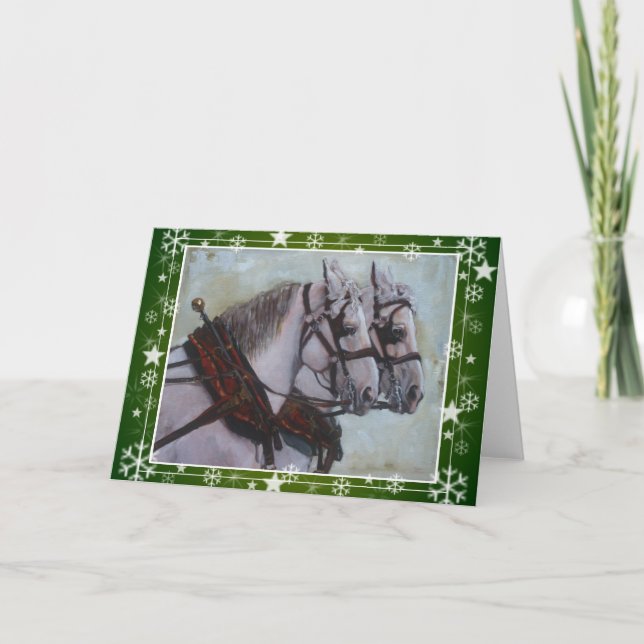 Festividades Cartão de Natal de Cavalo Percheron Draft, verde (Frente)