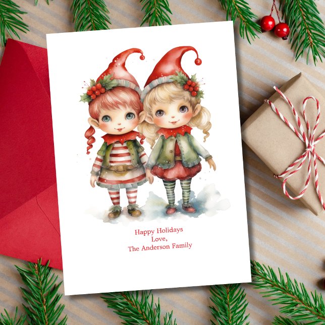 Festividades Cartão de Natal de Elfos Personalizados (Christmas Elves on this holiday card. Two cute elves. Printed or Digital Instant download)