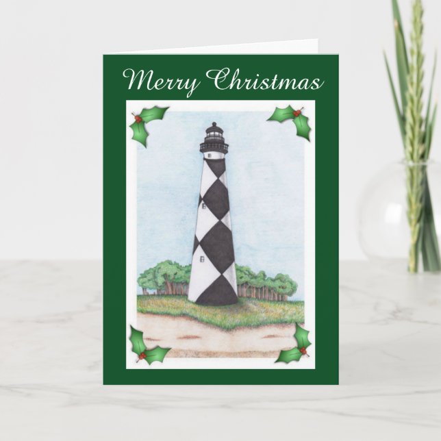 Festividades Cartão de Natal de Farol de Cape Lookout (Frente)