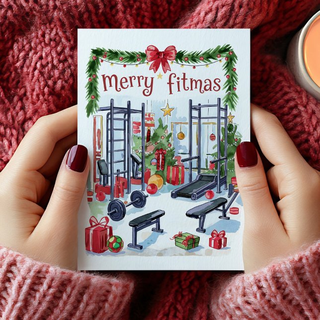 Festividades Cartão de Natal de Fitness Merry Fitmas em Aquarel (Watercolor Merry Fitmas Fitness Christmas Card)