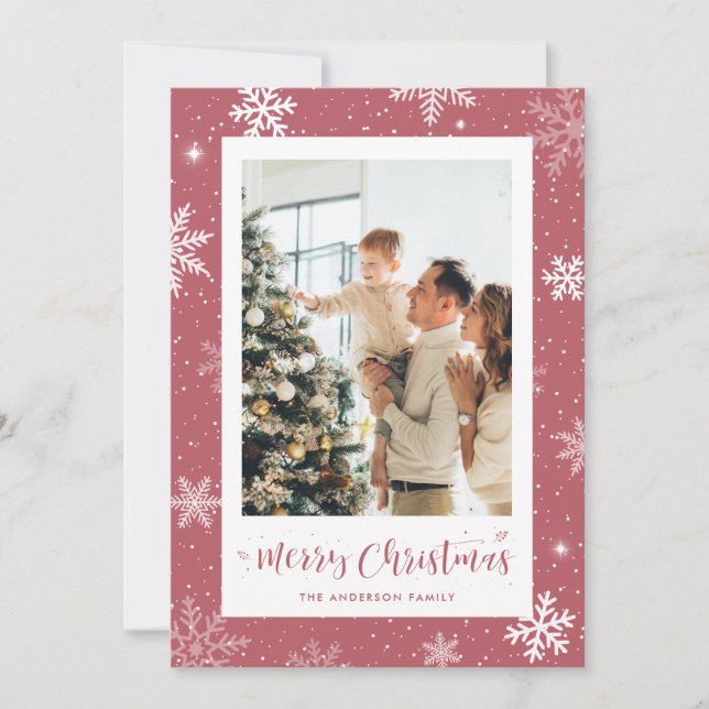 Festividades Cartão de Natal de Floco de Neve Rosa (Frente)