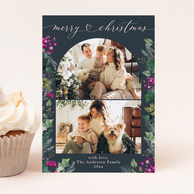 Festividades Cartão de Natal de Folhagem Azul-Rosa Boho Chic (Criador carregado)