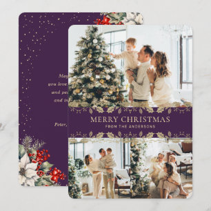 Festividades Cartão de Natal de Foto Botânica Roxo Dourado Eleg
