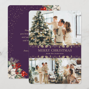 Festividades Cartão de Natal de Foto Botânica Roxo Dourado Eleg