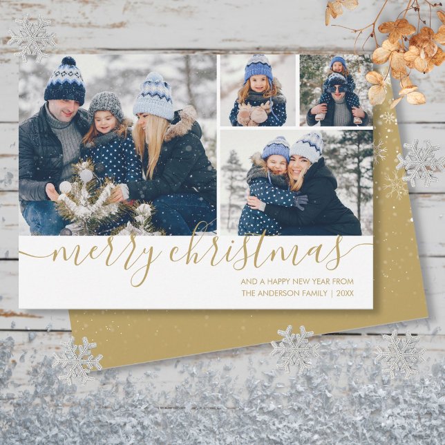 Festividades Cartão de Natal de Foto com Script Dourado Feliz N (Gold Script Merry Christmas 4 Photo Holiday Card)