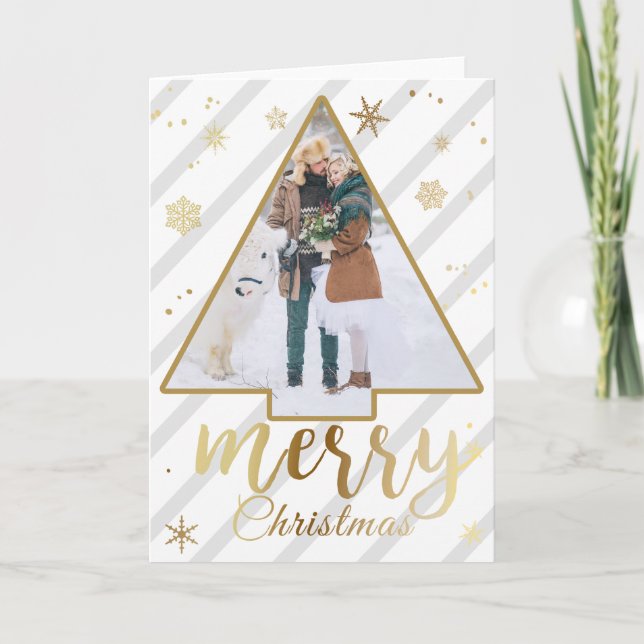 Festividades Cartão de Natal de Foto Dourado e Stripe (Frente)