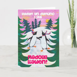 Festividades Cartão de Natal De Galês Divertido, Pinguins De