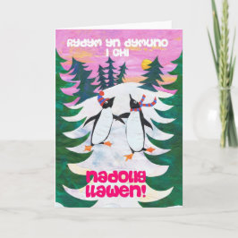 Festividades Cartão de Natal De Galês Divertido, Pinguins De Pé