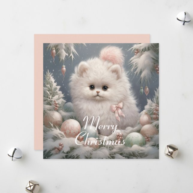 Festividades Cartão de Natal De Gato Branco Fluffy (Frente/Verso In Situ)