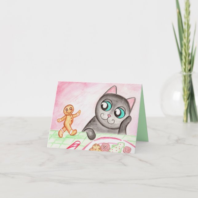 Festividades Cartão de Natal de Gato de Pão de Mel (Frente)