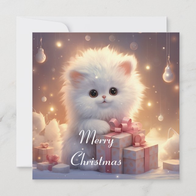 Festividades Cartão de Natal de Gato Fluffy Adorável (Frente)