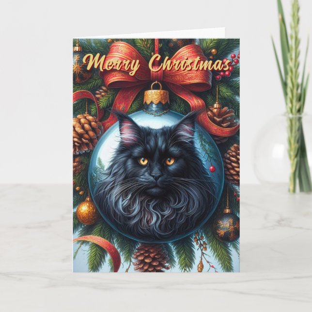 Festividades Cartão de Natal de Gato Preto Maine Coon (Frente)