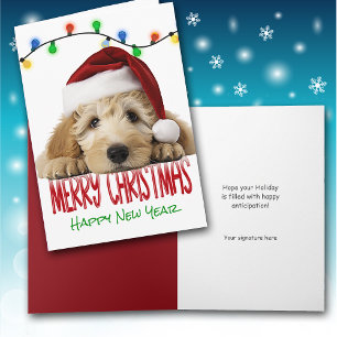 Festividades Cartão de Natal de Goldendoodle Fofo do Papai Noel