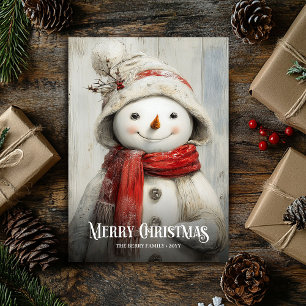 Festividades Cartão de Natal de homem de neve em aquarela retrô